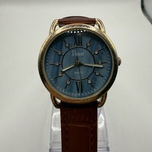 Vivani Watch Women 34mm Blue Dial Gold Bezel Brown Band (New Battery) Beautiful